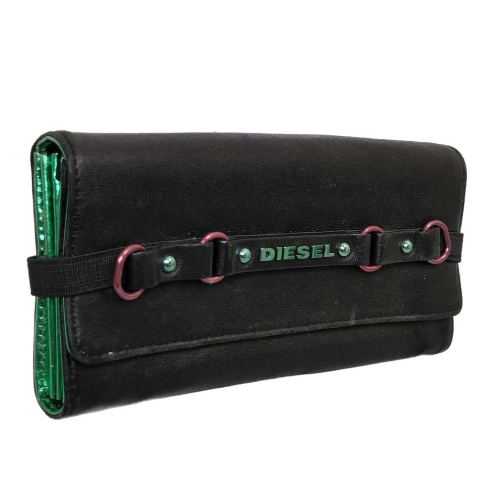 Diesel Black Leather Long Wallet w Metallic Green Interior and Hardware Accents